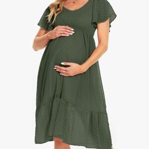 Fall Dress: Maternity Olive Green Flutter Sleeve Dress Sz L